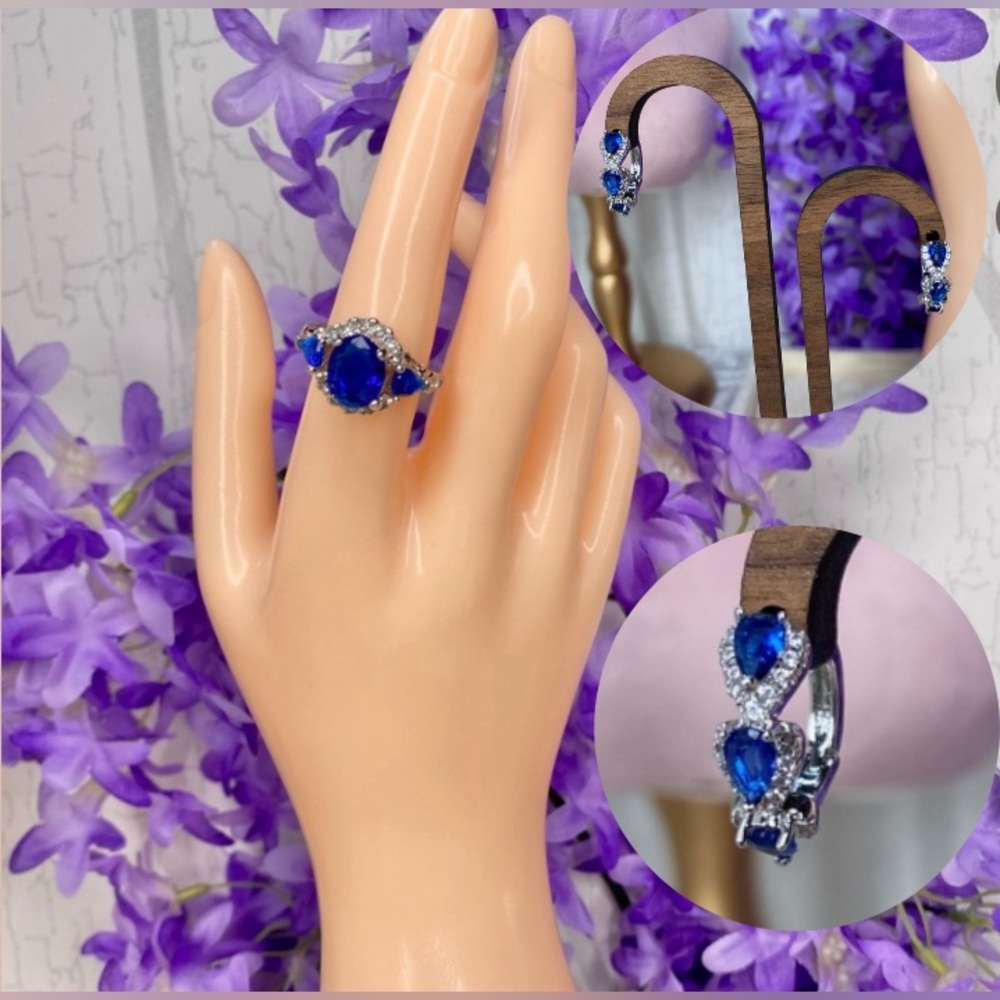 🌹 Silver Blue Sapphire Rhinestone Ring Sz 7 w/ Matching Earrings 🌹 w/ Gift Box